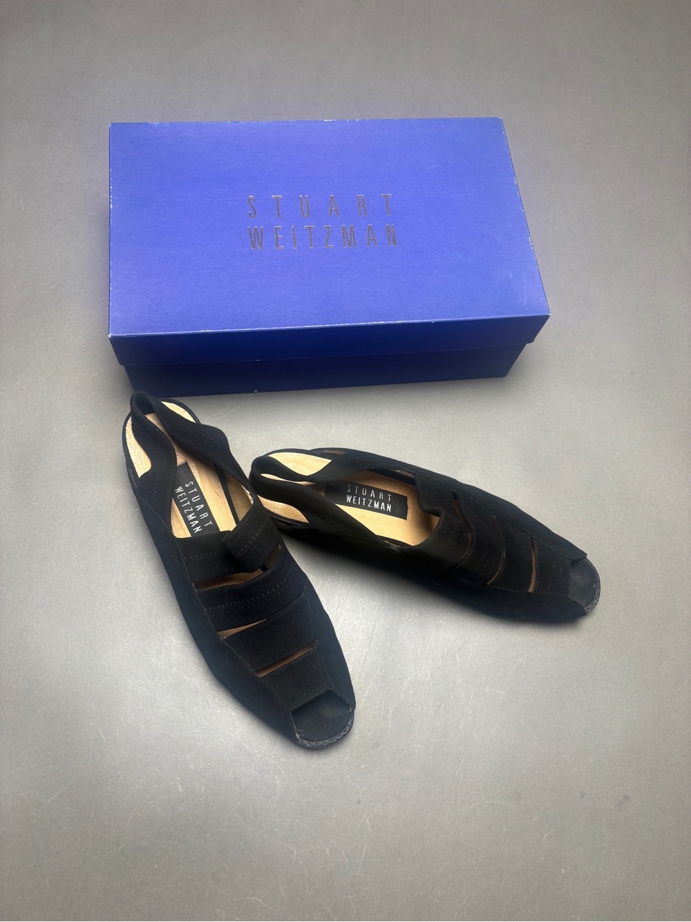 Stuart Weitzman Black Suede Peep-Toe Slingback Sandals